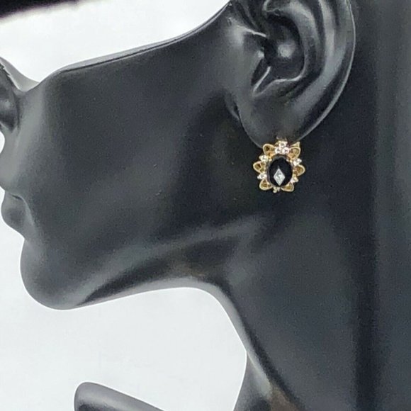 Earrings Vintage 1970s Black, Gold & Crystal Petite 5/8" Stud Pierced NWT NOS - Picture 3 of 5